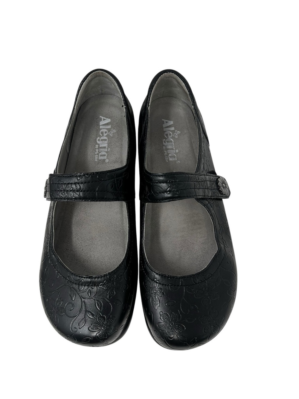 Alegria Black Embossed Floral Mary Jane Flats with Strap - Picture 5 of 9